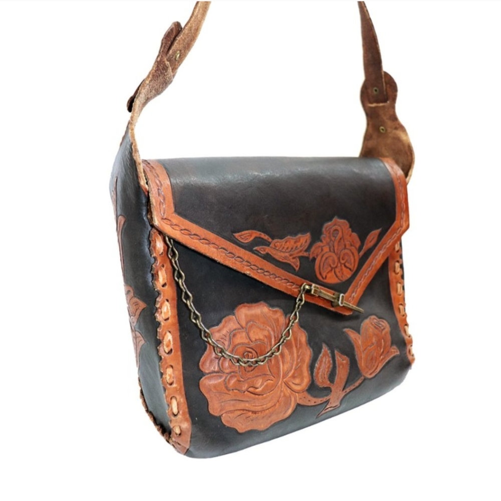 VINTAGE 1970 Hand Tooled Handcrafted Leather Floral Purse Satchel - Picture 4 of 7